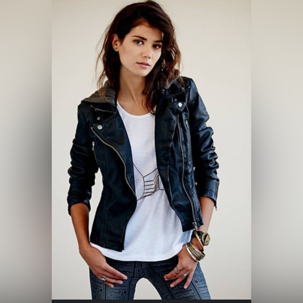 Free People Charcoal Hooded Vegan Leather Jacket - Picture 2 of 3